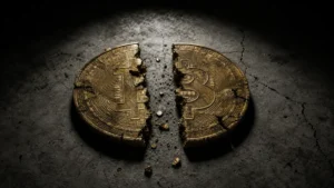 床の上で真っ二つに割れたビットコインのゴールド物理コイン