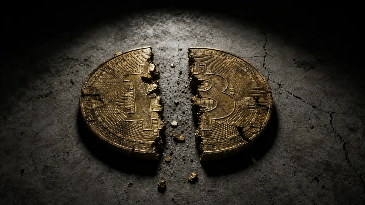 床の上で真っ二つに割れたビットコインのゴールド物理コイン