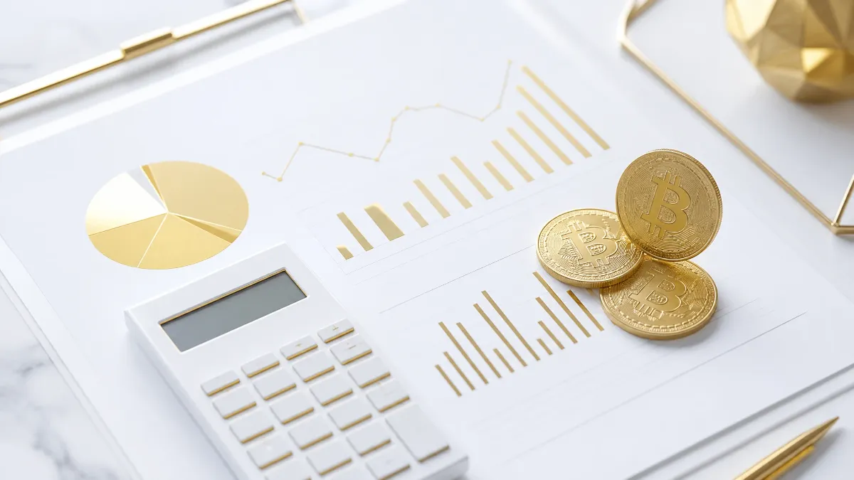財務書類と電卓の横に置かれたビットコインのゴールド物理コイン