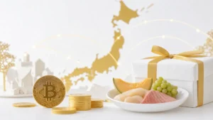 日本地図を背景にした仮想通貨とふるさと納税