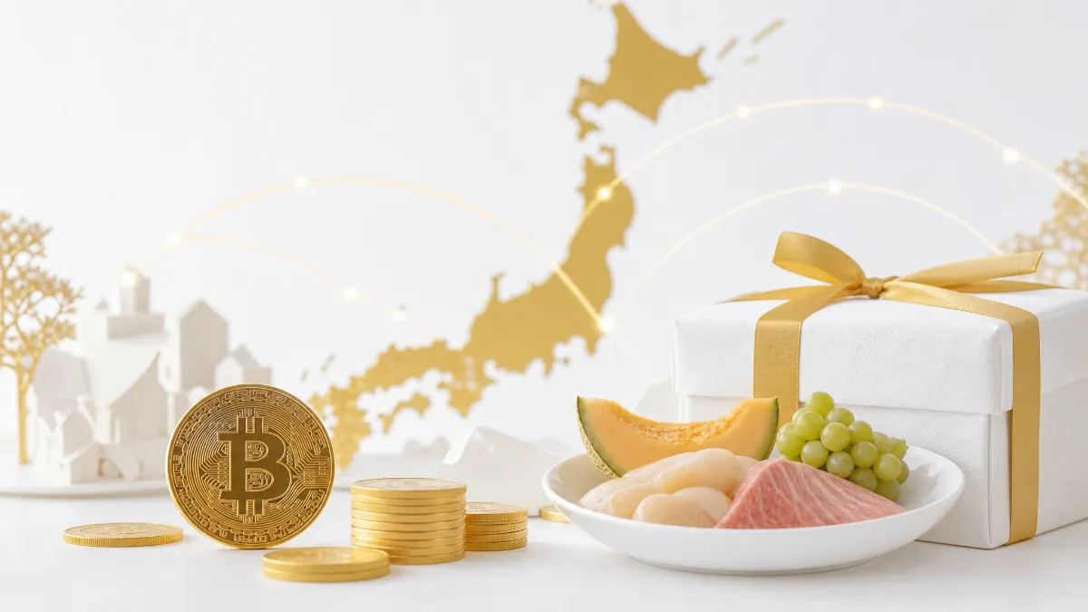 日本地図を背景にした仮想通貨とふるさと納税
