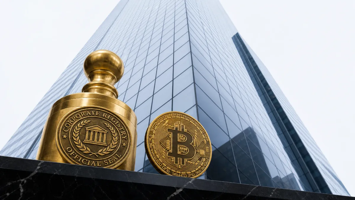 高層ビルを背景に、ゴールドの仮想通貨と「法」のスタンプが押されたイメージ