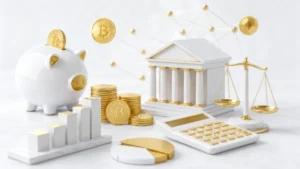 豚の貯金箱と銀行、計算機にゴールドの暗号通貨コインが散りばめられた金融シーン