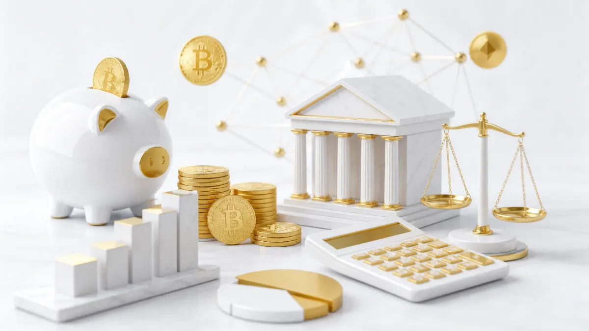 豚の貯金箱と銀行、計算機にゴールドの暗号通貨コインが散りばめられた金融シーン