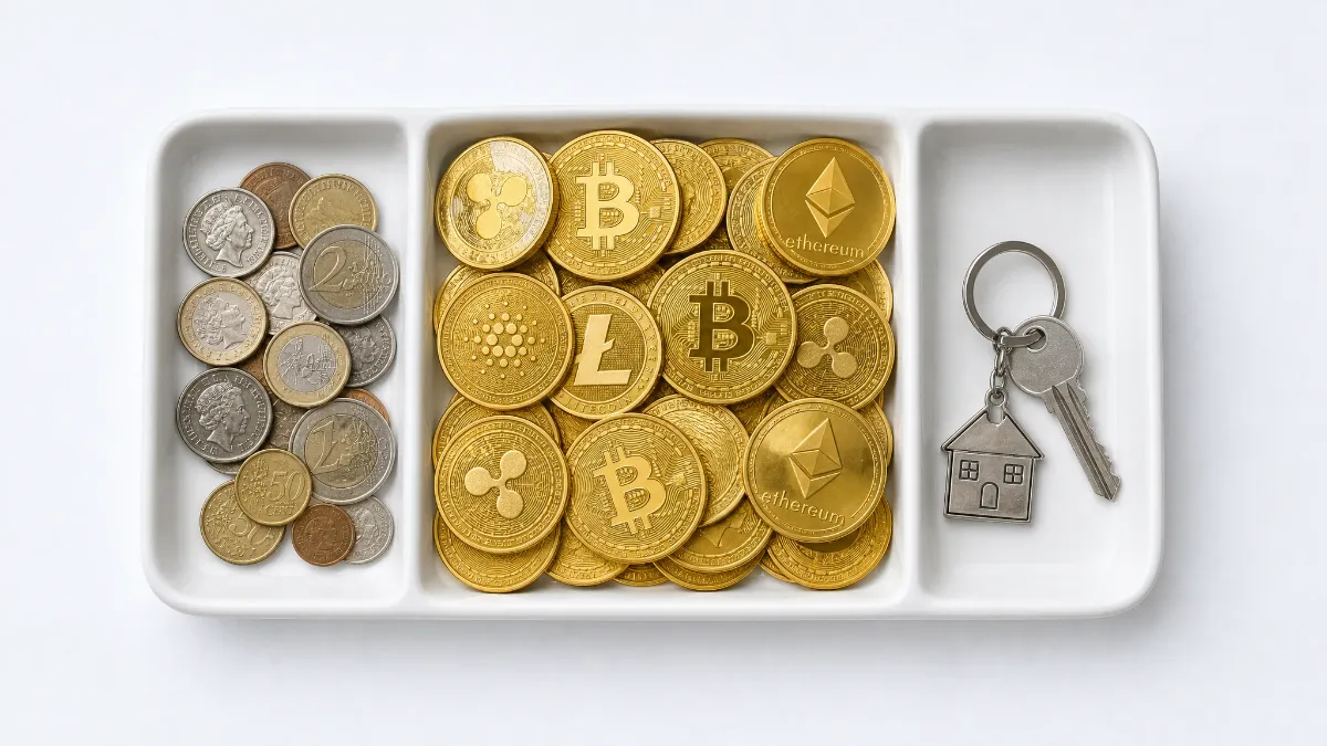 ユーロや英ポンド硬貨、様々な仮想通貨、そして家と鍵のキーホルダーが整理されて置かれた白いトレイ