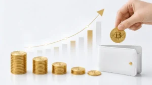 仮想通貨の価値上昇を示す棒グラフと矢印を背景に、積み上げられたビットコイン