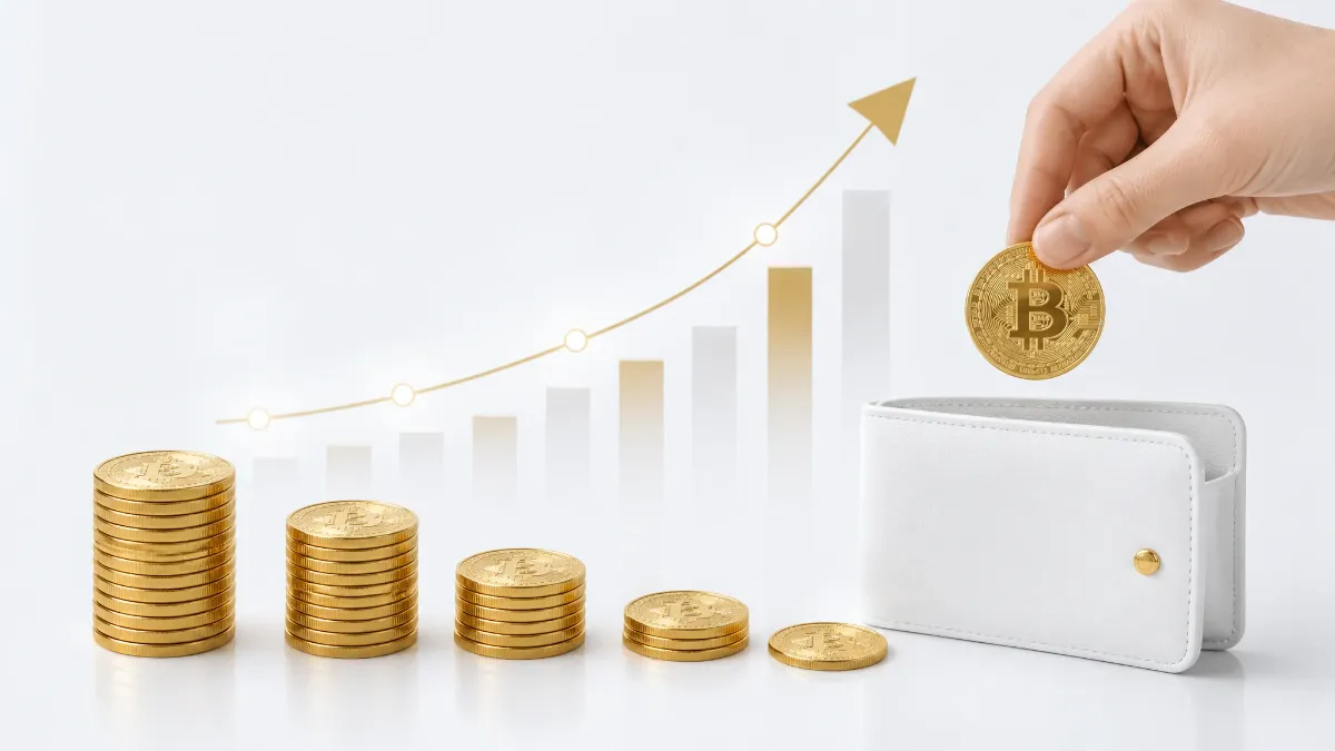 仮想通貨の価値上昇を示す棒グラフと矢印を背景に、積み上げられたビットコイン