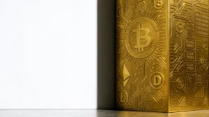 ビットコインやイーサリアムなど、主要な暗号資産のシンボルが刻印された、回路図のような装飾が施された黄金の直方体