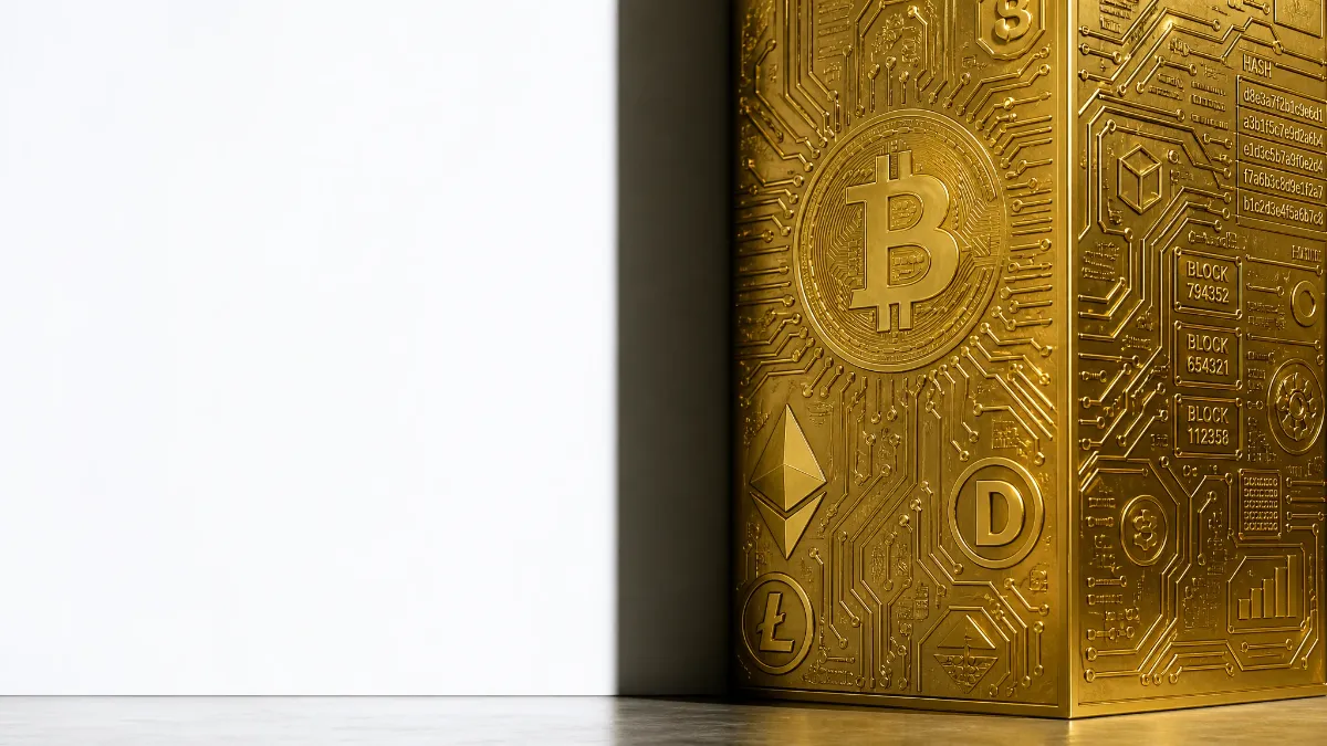 ビットコインやイーサリアムなど、主要な暗号資産のシンボルが刻印された、回路図のような装飾が施された黄金の直方体