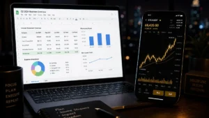 ビジネスの収支データが表示されたノートパソコンと、ビットコインのチャートが表示されたスマートフォンが並ぶデスク