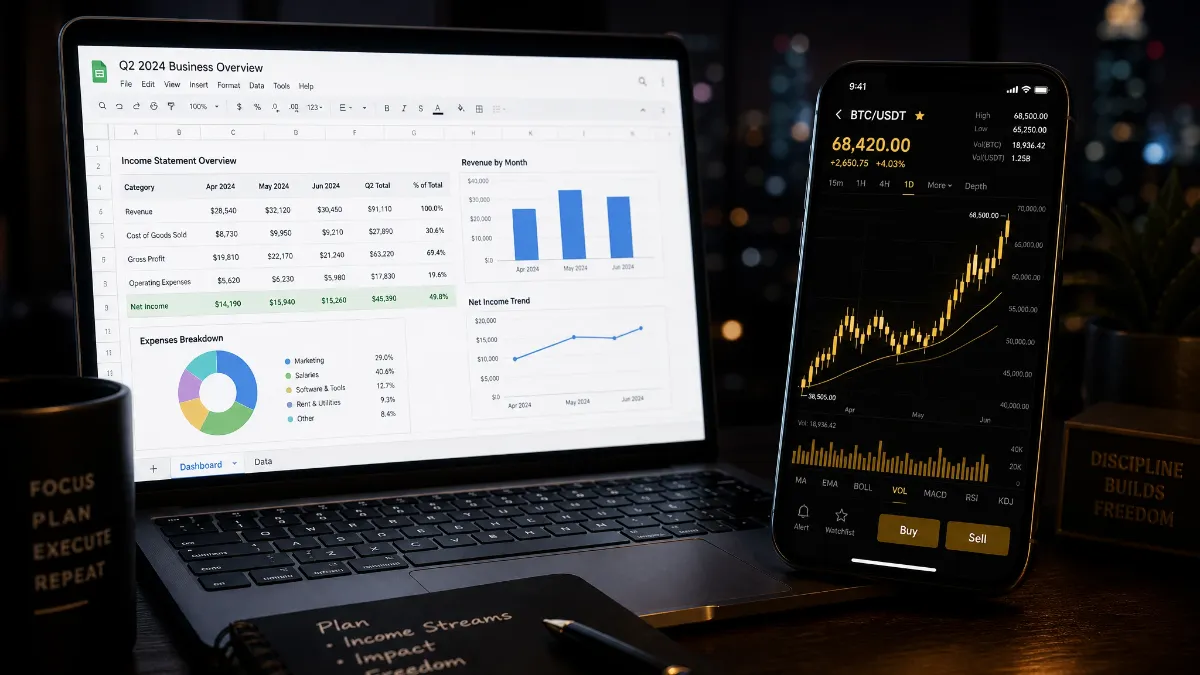 ビジネスの収支データが表示されたノートパソコンと、ビットコインのチャートが表示されたスマートフォンが並ぶデスク