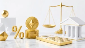 積み上げられたイーサリアム硬貨、黄金のパーセント（％）記号、計算機