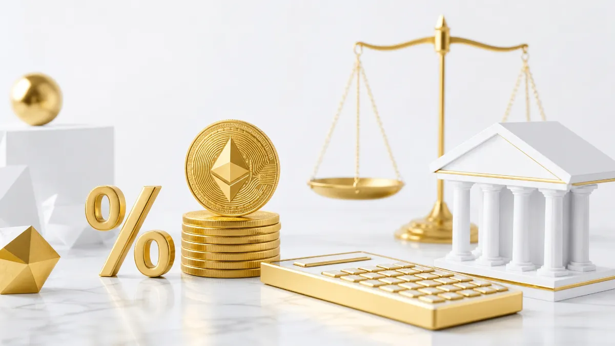 積み上げられたイーサリアム硬貨、黄金のパーセント（％）記号、計算機