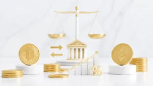 ビットコイン硬貨とイーサリアム硬貨が左右に配置され、中央に交換を示す矢印