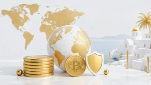 金の地球儀、積まれたビットコイン、金の盾