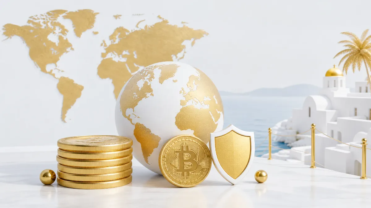金の地球儀、積まれたビットコイン、金の盾