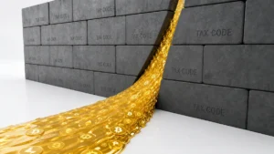 仮想通貨の税金の抜け道を表す流れ出す大量の黄金の仮想通貨