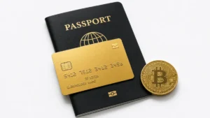 黒いパスポートの上に重ねられたゴールドのクレジットカードと、その右側に添えられた1枚のビットコイン硬貨
