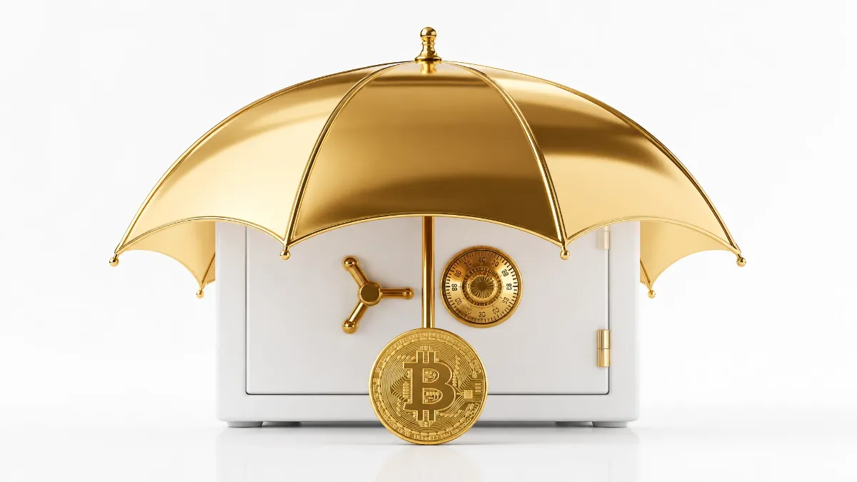 大きな黄金の傘で守られた白い金庫と、その手前に立て掛けられたビットコイン硬貨