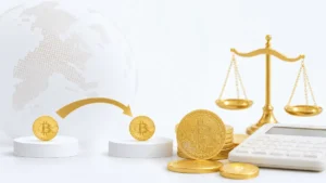 台座から別の台座へ移動するビットコインの矢印、計算機、黄金の天秤