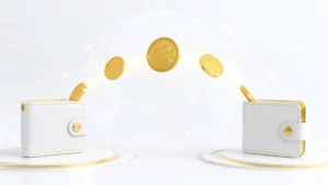 白い台座の上の財布から、もう一方の財布へ弧を描いて移動する黄金の仮想通貨