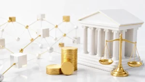 分散型ネットワークを示すブロックのオブジェ、積まれた仮想通貨