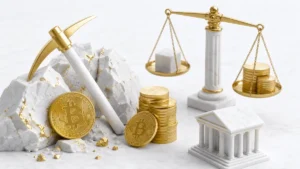 仮想通貨マイニングを表すツルハシと税金を表す天秤