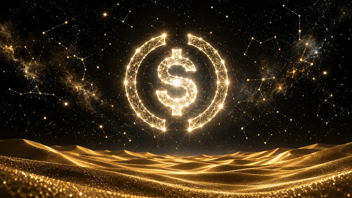 抽象的な金の星座、金の砂漠、空に輝く大きなUSDCロゴ