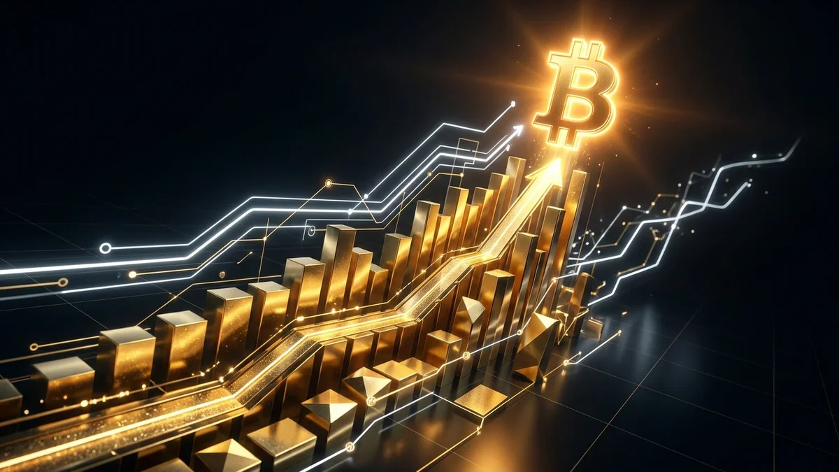 輝くビットコインシンボルに向かって上昇する金の金融チャート