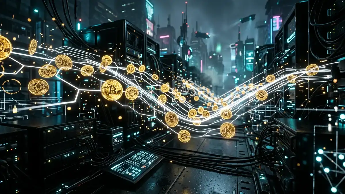 輝くゴールドの仮想通貨がある未来的なサイバーパンクデータネットワーク