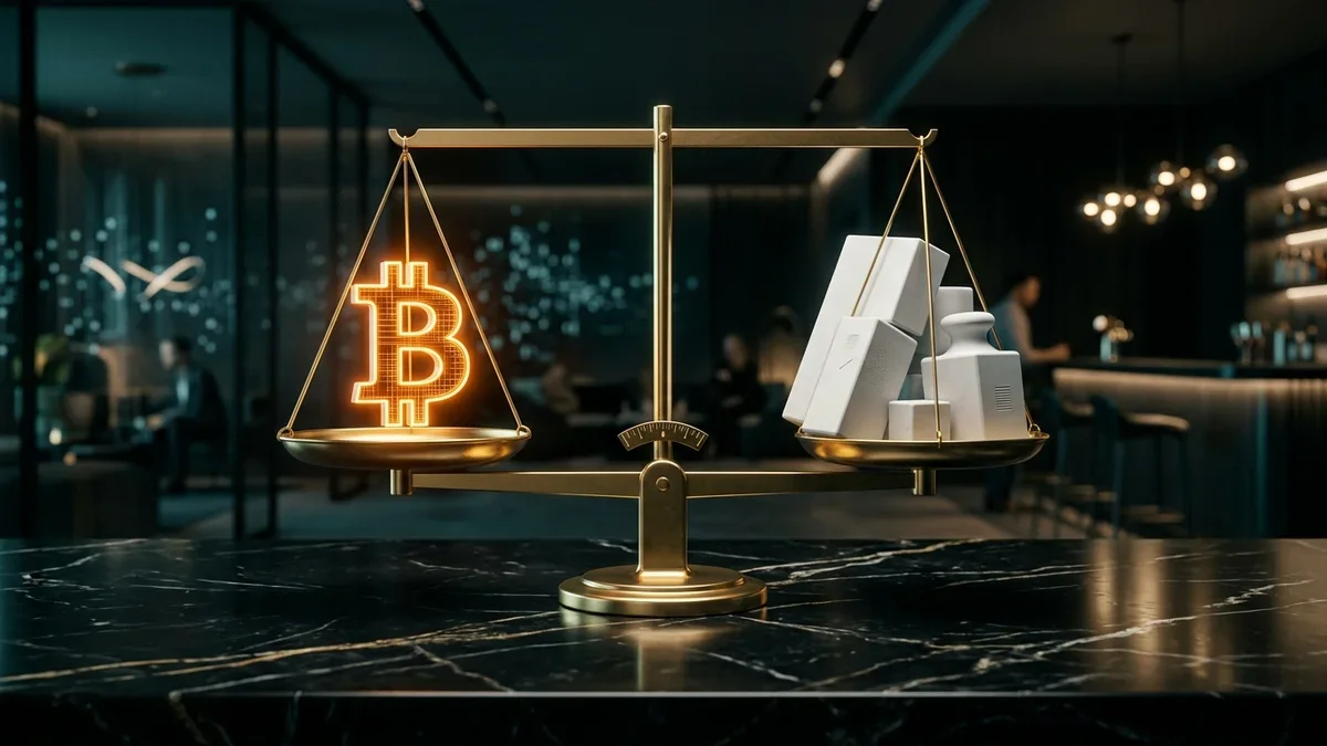 輝くビットコインと抽象的な白い重りを量る金の天秤