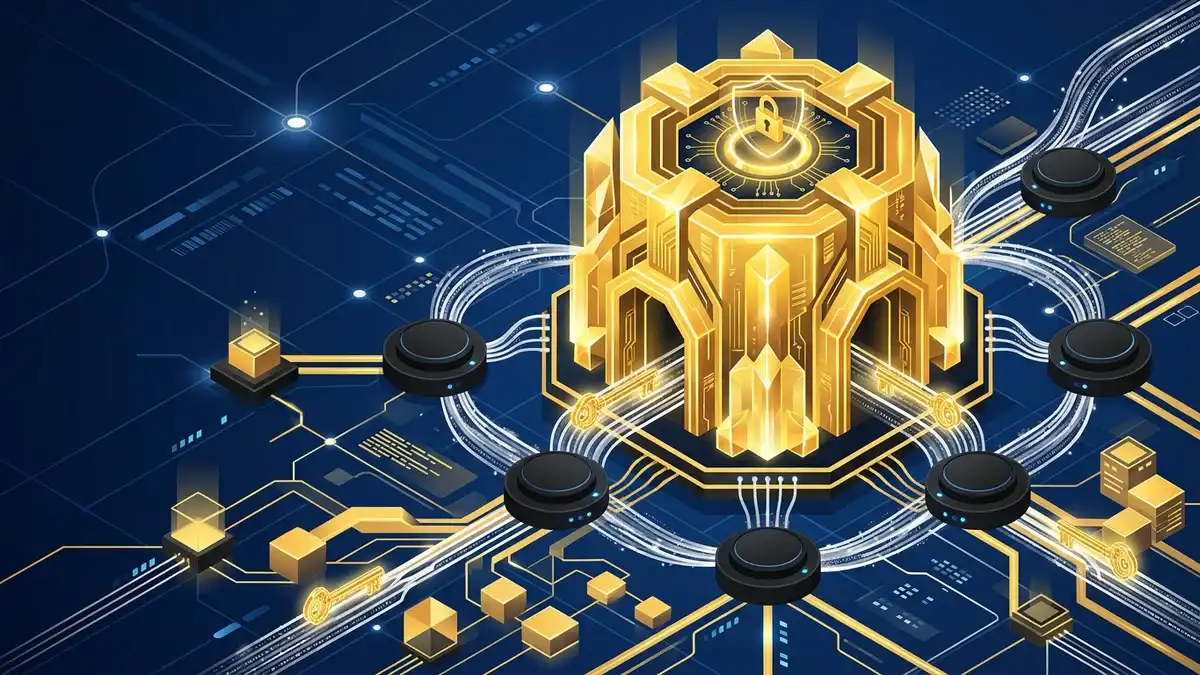 安全なブロックチェーン金庫と金の鍵のアイソメトリックなデジタルアート