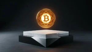 幾何学的な台座に乗ったゴールドビットコインのミニマルな3Dレンダリング
