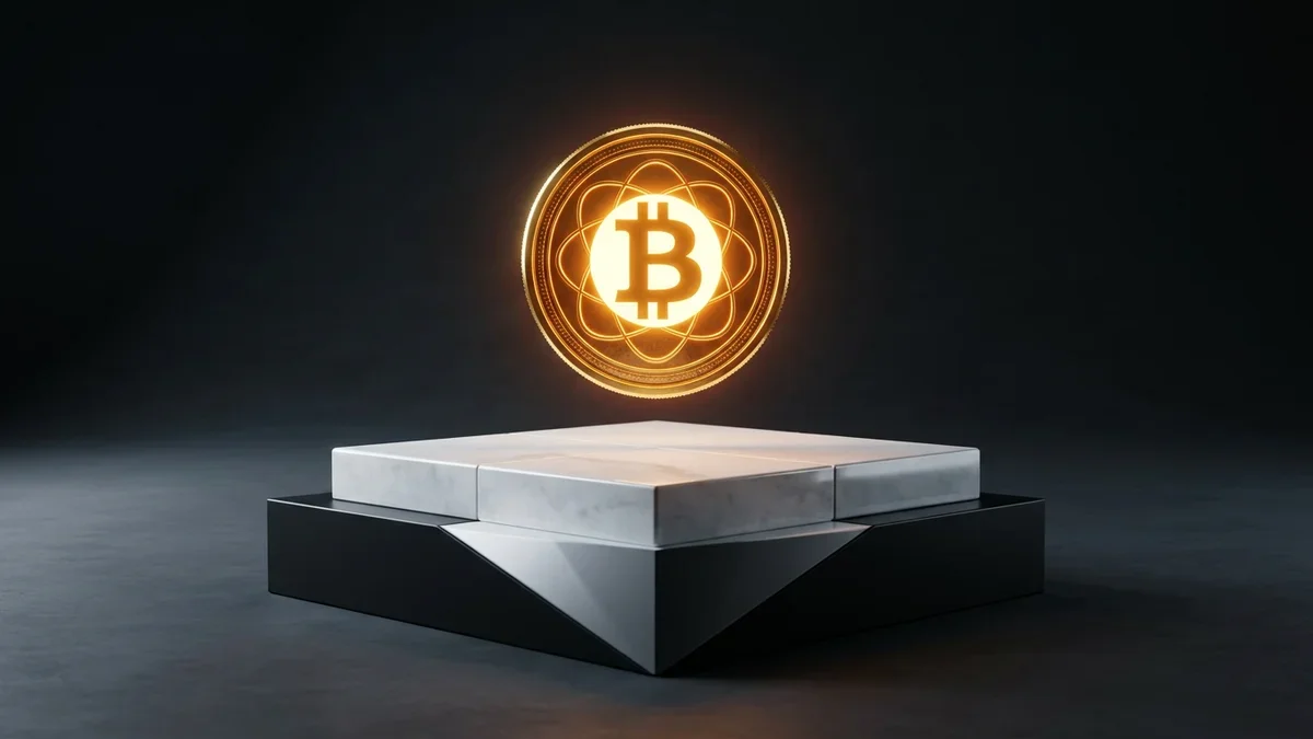 幾何学的な台座に乗ったゴールドビットコインのミニマルな3Dレンダリング