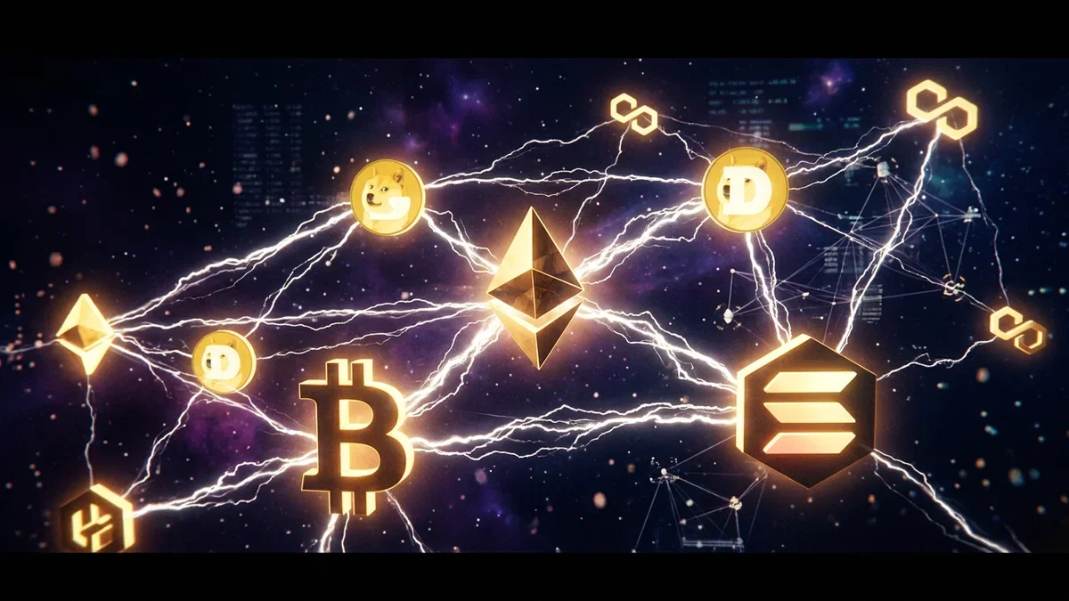 暗い空間で繋がる、複数の輝く金の仮想通貨シンボル
