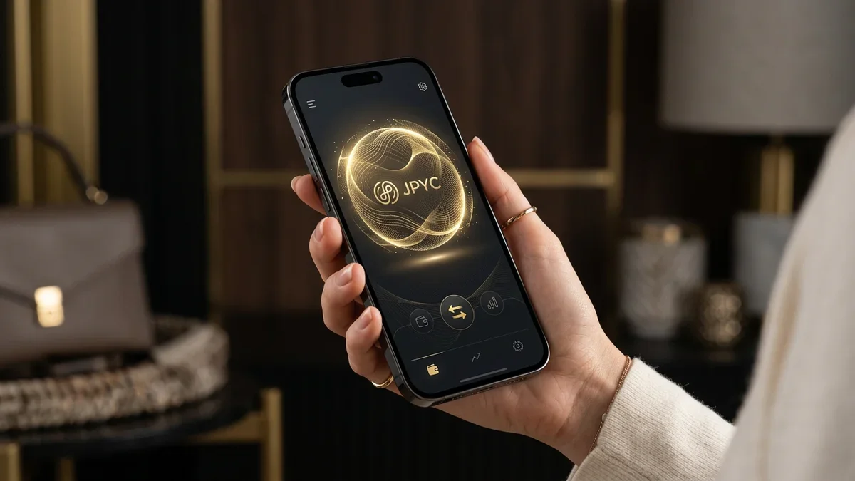 スタジオ照明の中でJPYCロゴが入った金の輝く球体を表示する洗練されたスマホ。
